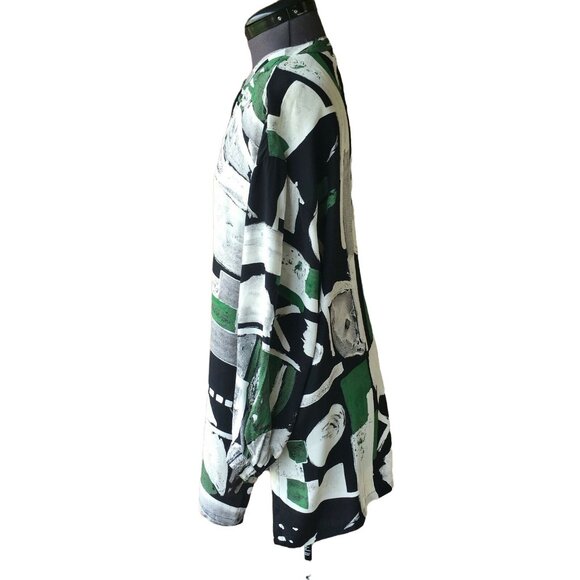 Kenar Button-Front Top Tunic Long-Sleeve Crew-Neck Green/Cream/Black Print S Ray - Picture 7 of 7